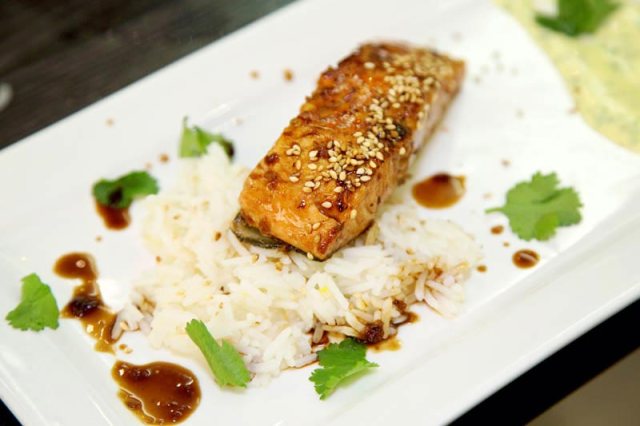 Martinette's salmon main course. Her signature touch was fragrant basmati rice. 