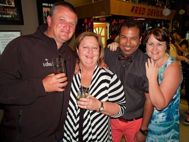 Trish, second from left, catches the show on the big screen with, from left, Theo Scholtz, Everton Hansen and Claerwen Hart.